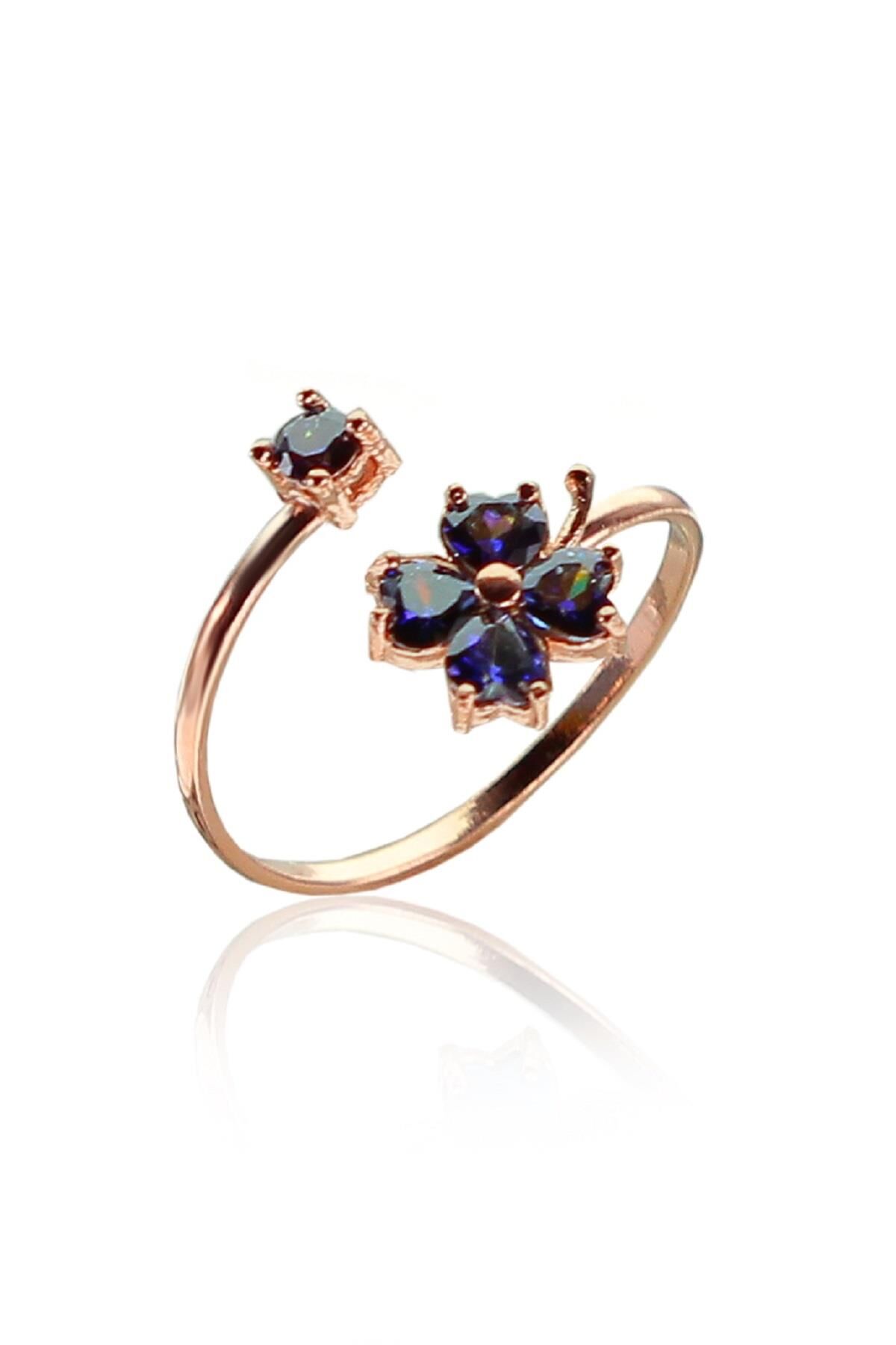 Gümüş mavi mistik taşlı yonca modeli ayarlamalı yüzük SGTL9387