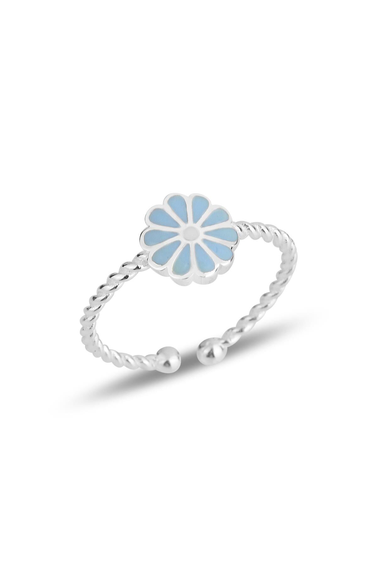 Gümüş mavi mineli papatya ayarlamalı çocuk yüzüğü SGTL11826MAVI