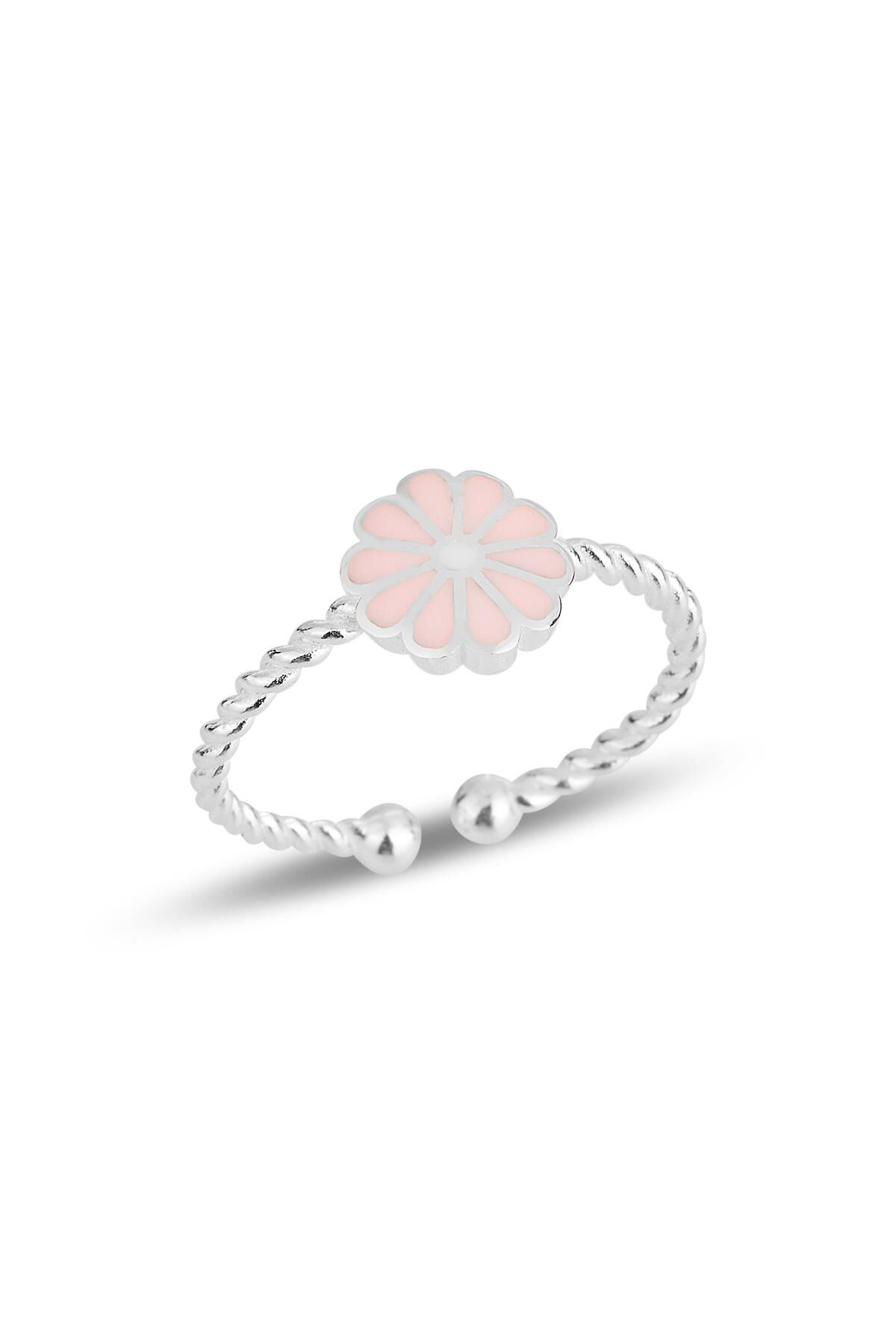 Gümüş pembe mineli papatya ayarlamalı çocuk yüzüğü SGTL11826PEMBE