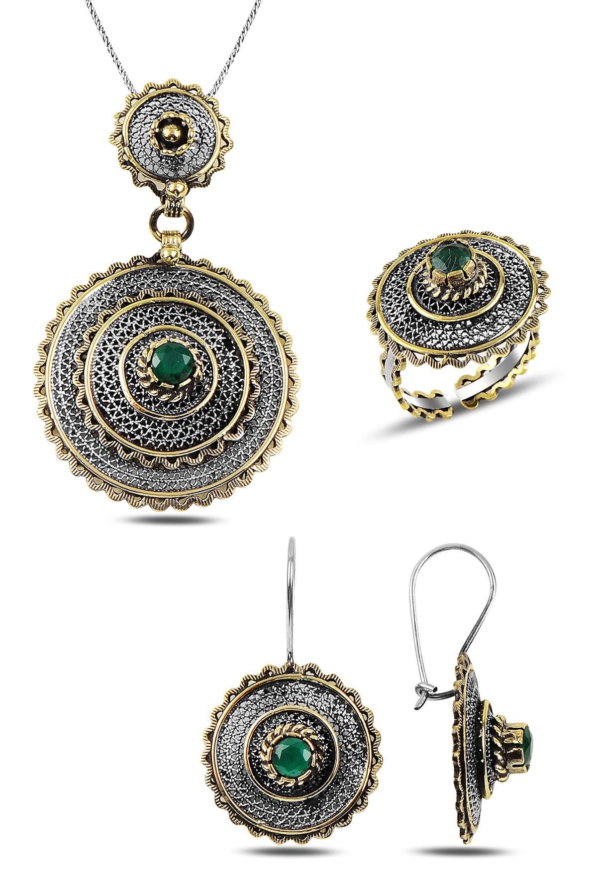 Gümüş kök zümrüt taşlı otantik telkari üçlü set SGTL10299SET