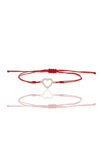 Gümüş rose zirkon taşlı kırmızı ipli kalp bileklik SGTL12411ROSE